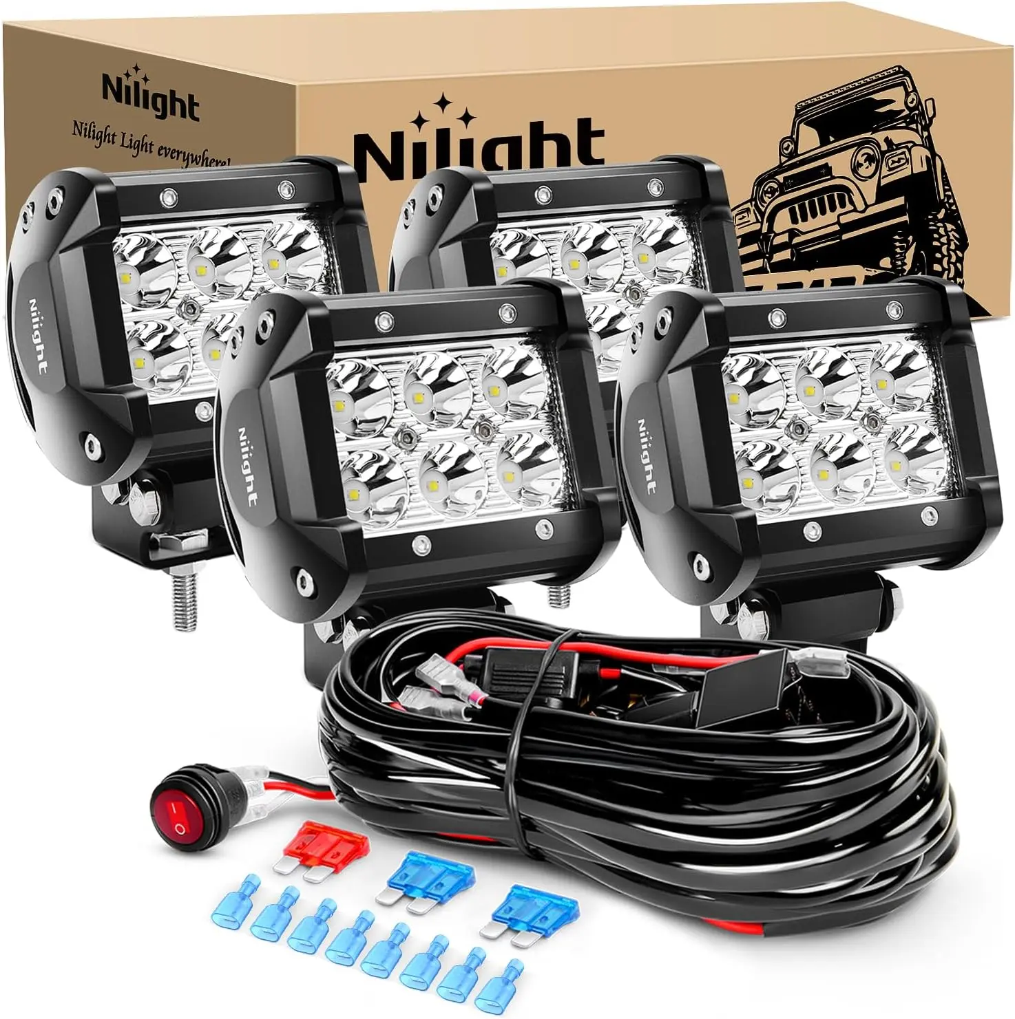 Nilight 4PCS 4-Inch 18W LED Car Light Bars with Aluminum Housing, Waterproof, Concentrated Beam, Long-Lasting Illumination, Off-Road Wiring Harness for ATVs, Trucks, Fog Use, LED Car Ambient Lights, Led Car Ambient Light