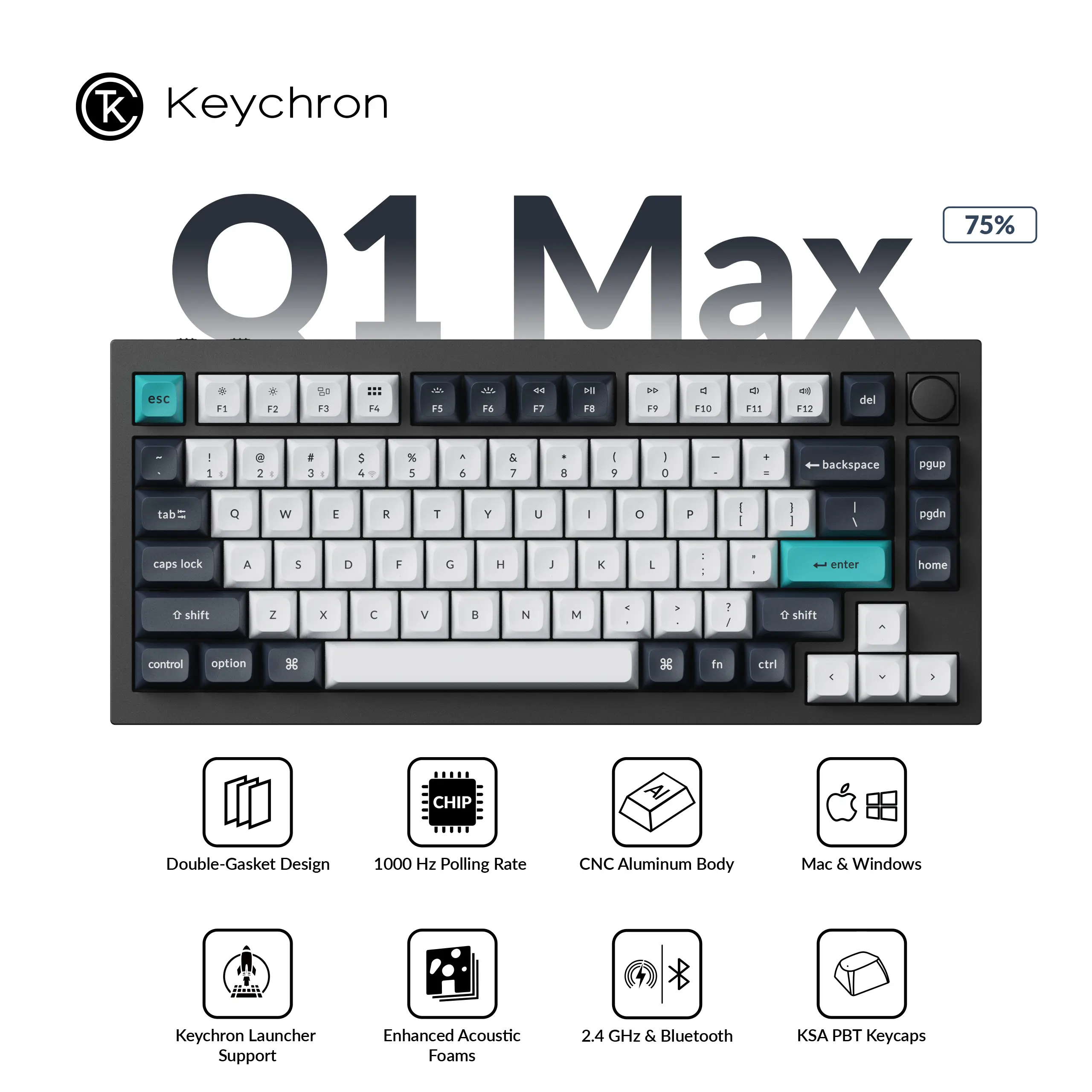 Keychron Q1 Max Wireless Mechanical Keyboard, USB Charging RGB Backlight Wireless Keyboards, Gaming Keyboard for Gaming, Office, Multimedia Roller Key, Gift for Friend, Gaming Accessories