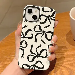 Black Bow Cream-Colored Phone Case,Shockproof Rugged Cover Dual Layer Soft TPU Bumper Hard Shell Design for iPhone 11 12 13 14 15 16 17 Pro Max Plus Air Girly Gift