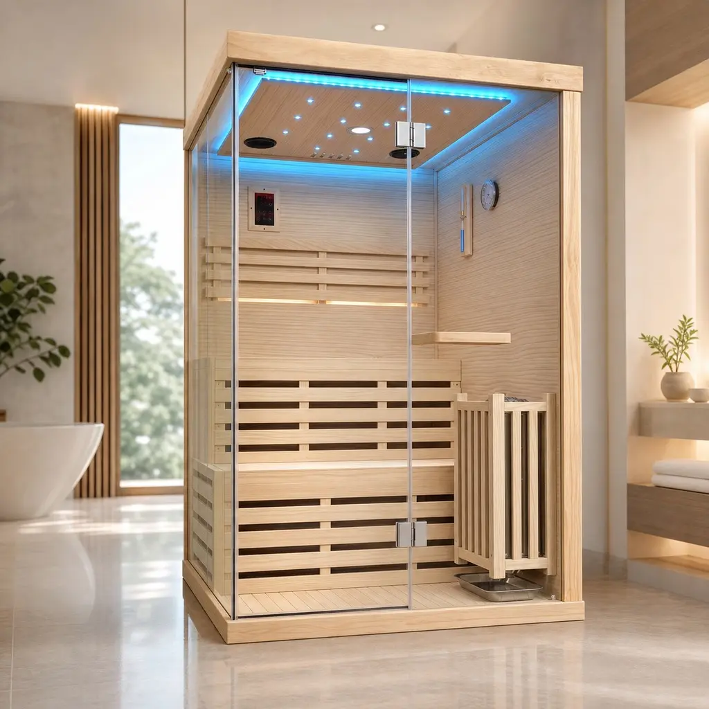 2-Person Indoor Sauna Room with 3000W Heater, Chilean Pine Wood, Tempered Glass Door, LED Lighting, 1200x1200x1900mm, Max 90°C, Home Spa Steam Bath for Relaxation and Detoxification, American White Oak Finish, Ameican White Oak Color Options