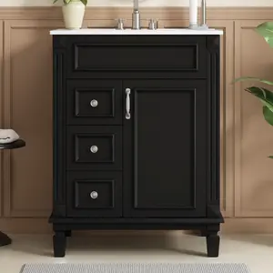 24" Bathroom Vanity with Ceramic Sink, Small Bathroom Sink Cabinet, Modern Cabinet with 2 Drawers and Adjustable Shelf