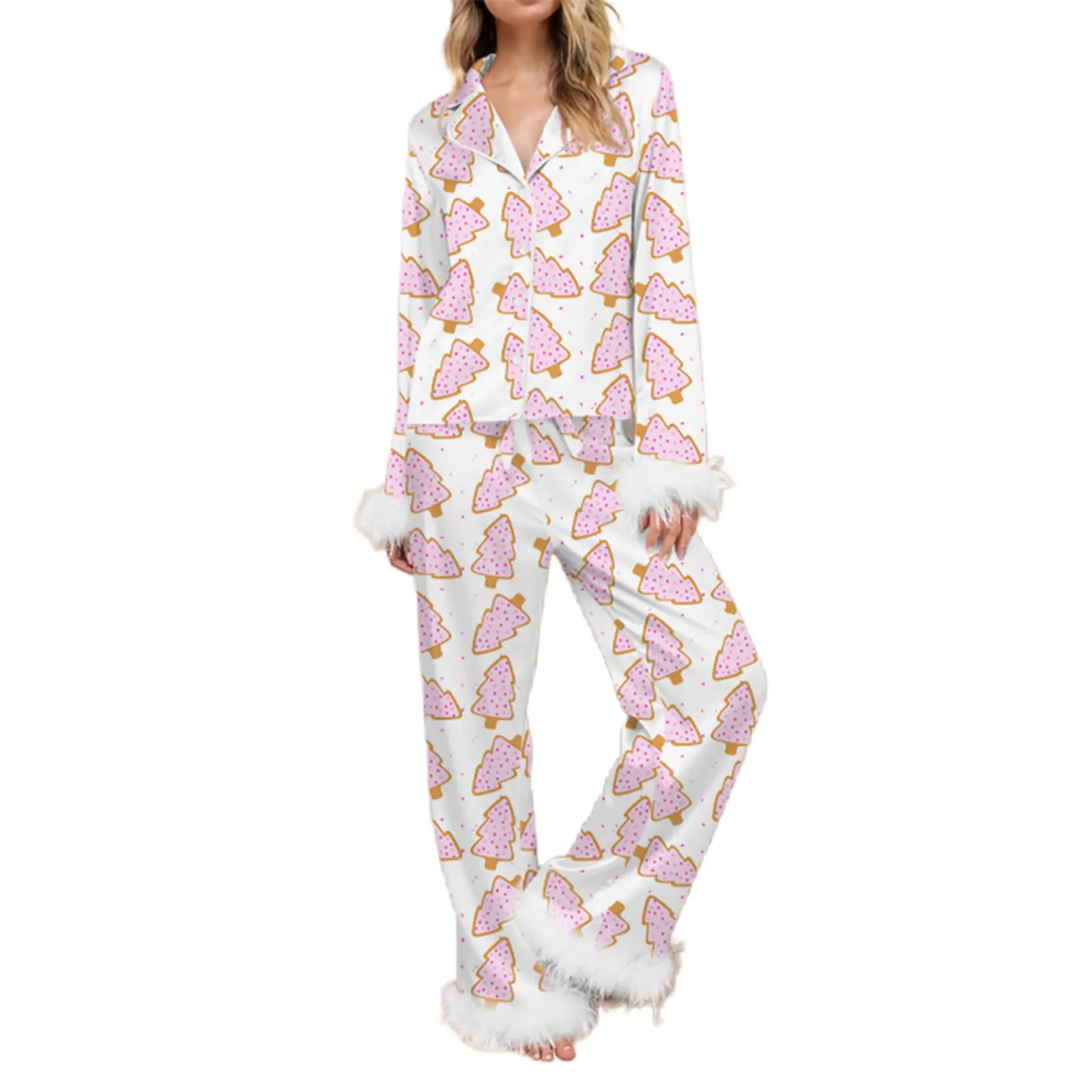 Women Christmas Pajamas Lounge Set Santa/Christmas Tree/Boots Print Shirts Tops and Pants 2 Piece Loungewear Outfits Pj Set