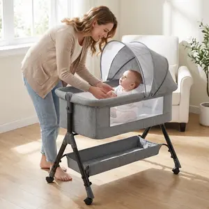 3 in 1 Baby Bassinet Bedside Sleeper, Bedside Crib for Baby, Adjustable Baby Bassinet with Wheels, Storage Basket, Mattress, Easy Assemble & Folding Portable Baby Cradle Baby Shower Nursery