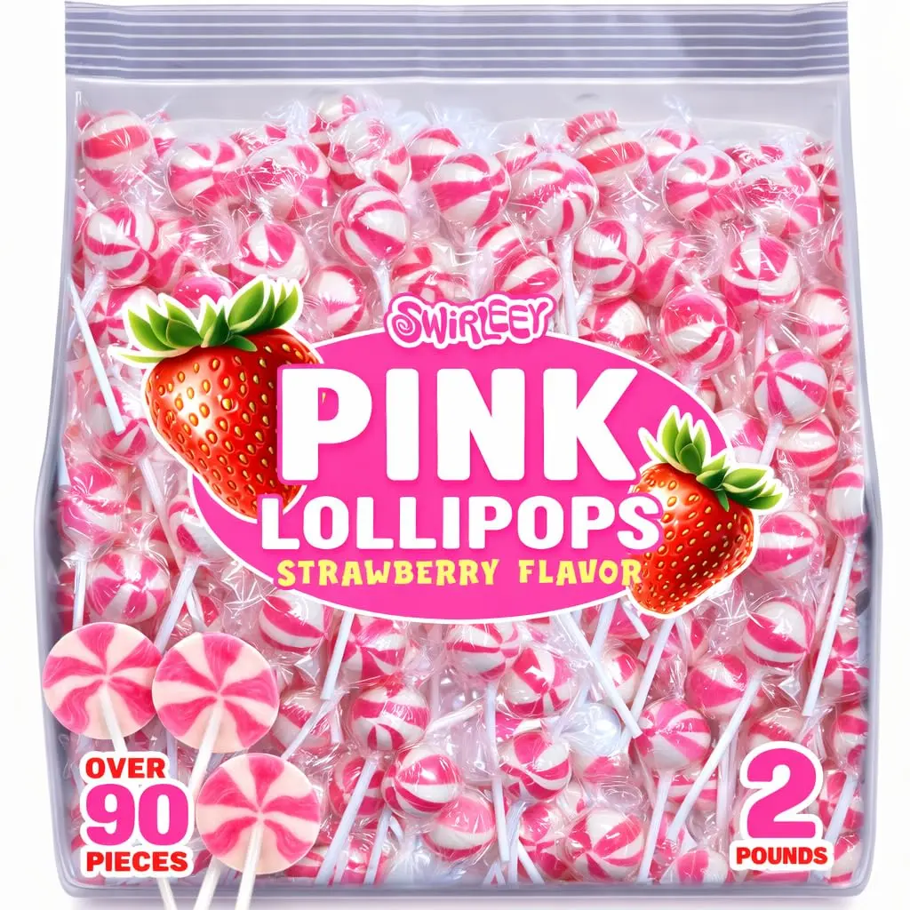 Swirleey Pink Lollipops - 2 Pounds - Approx. 90 Pcs. - Strawberry Flavor - Bulk Pink Spring Candies for Buffet - Suckers for Classroom Parties, Baby Shower, Baby Girl, Theme Parties