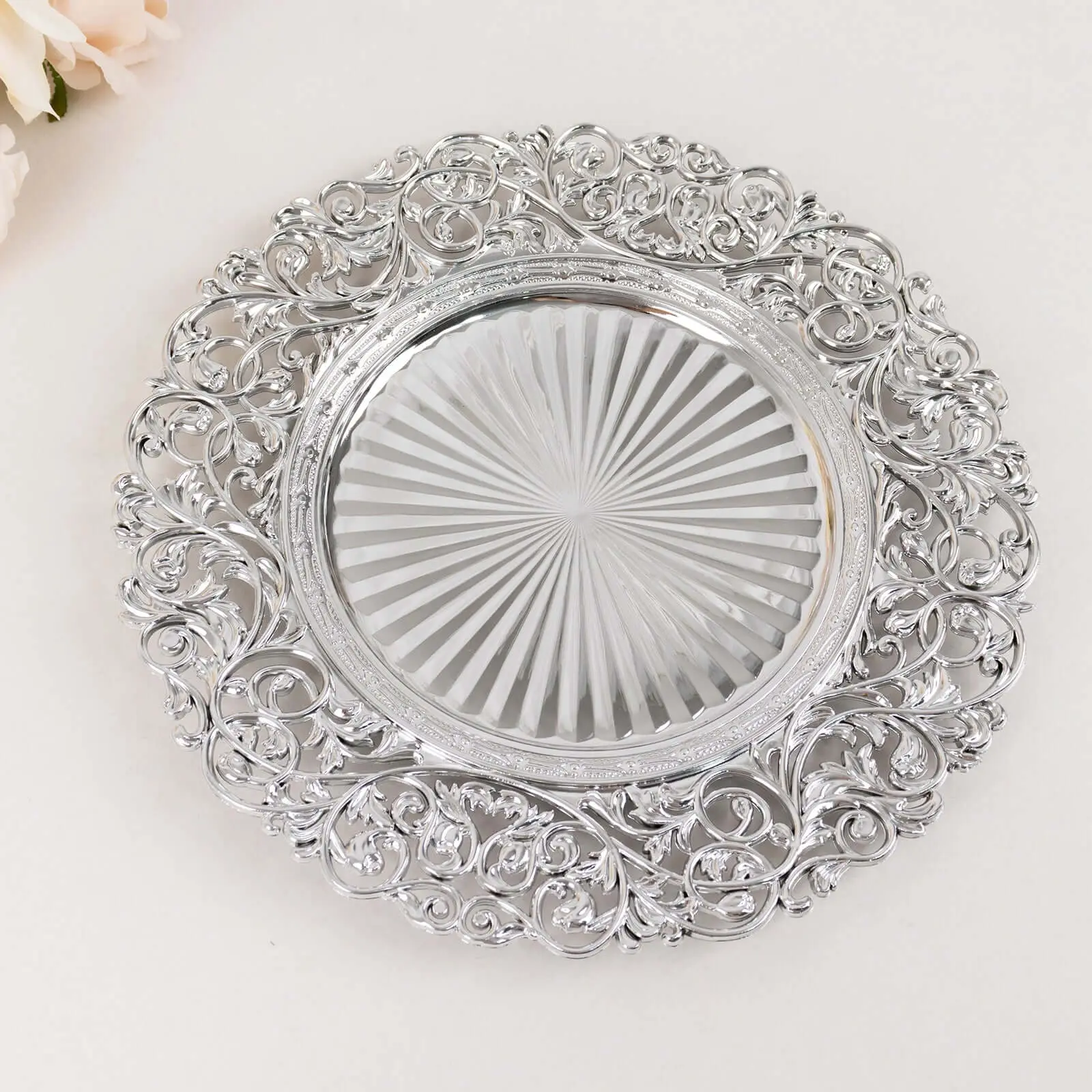 13" Outer Diameter Plastic Acrylic Round Service Plates, 6-Pack Silver Vintage Floral Carved Rim Tableware for Event Tabletop Vintage Floral Decor