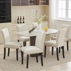 Beige Upholstered Dining Chairs Set of 6, Fabric Parsons Dining Chair with Nailhead Trim, Modern Fabric Accent Chair Kitchen Chairs for Dining Room/Kitchen,