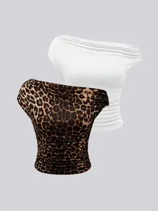 Y2K Leopard Print Fitted Asymmetrical Neckline Pleated Women's T-Shirt, Retro & Y2K Style, Minimalist Fashion Casual Versatile Outfit Suitable for Daily Outdoor, Home, Work, Dating, Gatherings, and Bars.