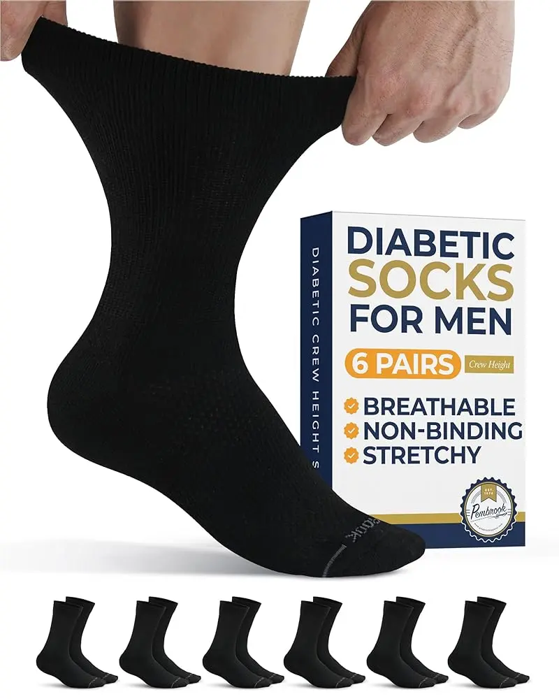 Pembrook Men's Diabetic Crew Socks (6 Pairs) - Menswear, Stylish, Breathable Classic Soft Fabric, Non-Binding Stretch Fit for Neuropathy, Edema, Size 10-13, Diabetic Socks, Foot Pain Relief