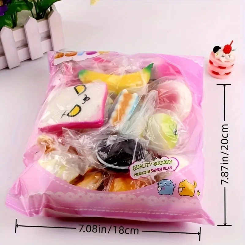 10pcs Mixed Kawaii Squishy Gift Keychains - Soft Mini Bread, Cake & Banana Toast Designs, Assorted Colors - Cute Mini Keys Key Chain for Bags, Novelty Kids Toys (Slime & Squishy Toys Category)