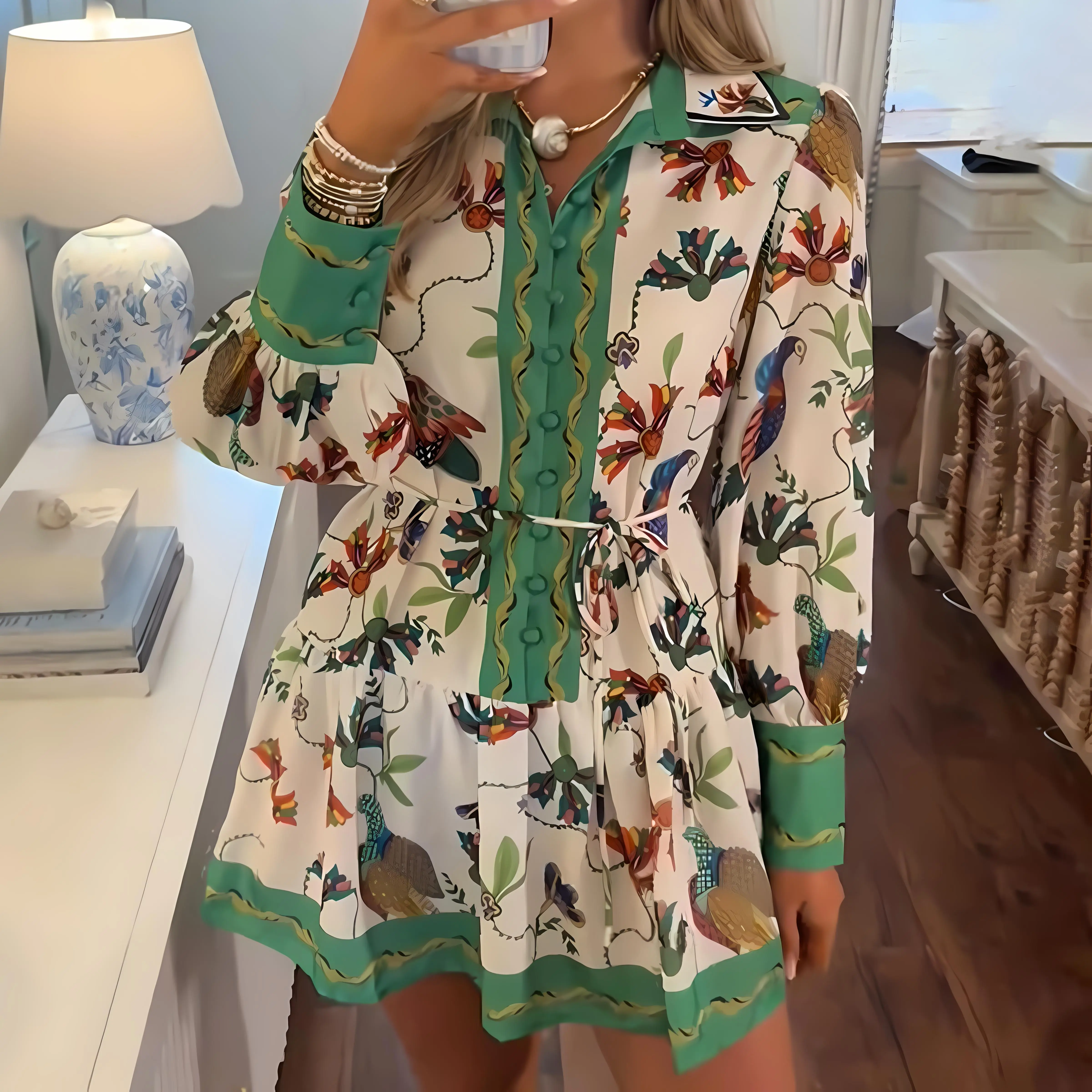 Women's Retro Tropical Floral & Bird Print Casual Mini Dress - Puff Sleeves, Ruffled Hem, Vintage Style, Contrast Paneling, Draped Comfortable Exotic Fabric (Sizes S-2XL)