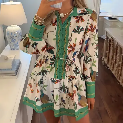 Women's Retro Collared Lantern Puff Sleeve Tropical Floral & Parrot Print Casual Mini Dress - Ruffled Hem, Contrast Paneling, Quick-Drying Breathable Draped Exotic Fabric, Boho Elegance Vibe (Sizes S-2XL) - Floral & Animal Print Casual Dresses