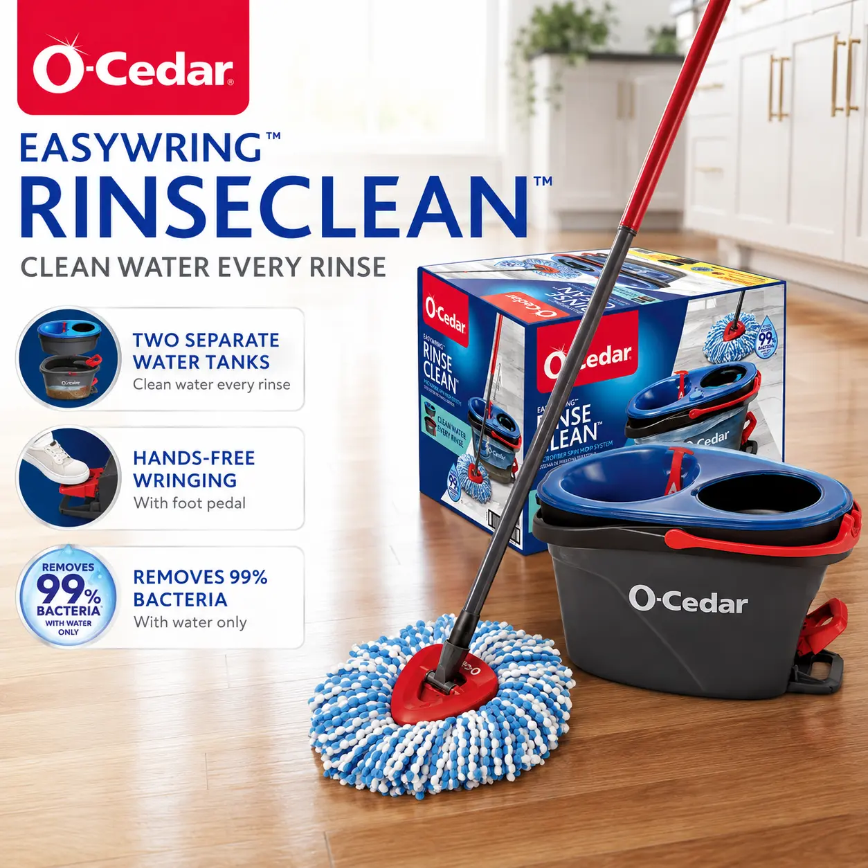 O-Cedar EasyWring RinseClean Microfiber Spin Mop and Bucket System with 2 Separate Water Tanks & Extendable Handle