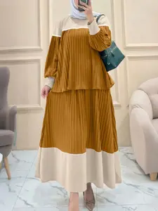 Women's Casual Solid Color Set, Round Neck Long Sleeve Pleated Patchwork Hoodie + Elastic Waist Pleated Patchwork Skirt, Daily Commute, Womenswear