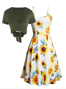 Elegant Floral Sunflower Print Dress Two-Piece Set, Womenswear, Vacation Style Boho Summer Sunflower Slip Dress with Short Sleeve Top, Lady Versatile Combinations, Casual Wear, Lightweight
