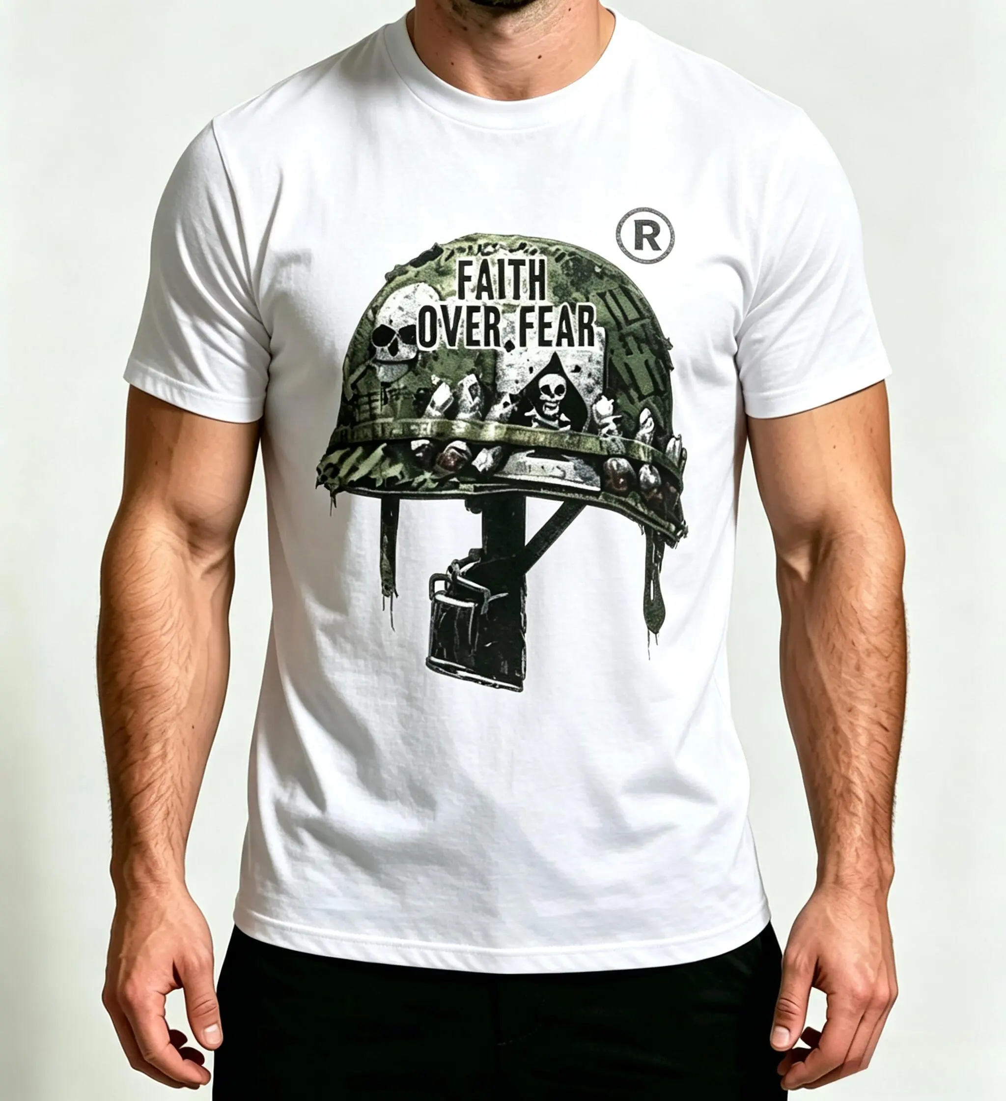 LETOLS War Helmet Faith Over Fear Graphic Print Cotton T-Shirt, grunge y2k emo scene tapout goth amity affliction style clothes, Unisex T-shirt