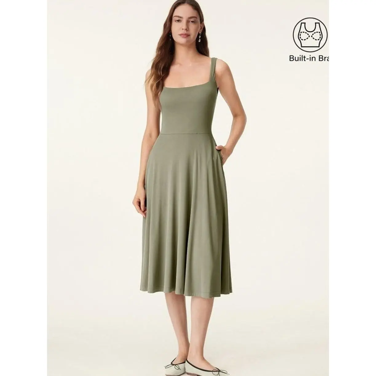 Women's Comfy Soft Stretchy Casual Fabric Square Neck Flowy Airy Bra Midi Dress - Tate Olive, Viscose