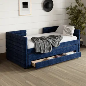 【Bellemave】Twin Size Upholstered Daybed with Trundle and 3 Storage Drawers, Chenille Fabric Sofa Bed for Guest Room, Living Room, Space-Saving Modern Day Bed Frame, No Box Spring Needed,Dark Blue