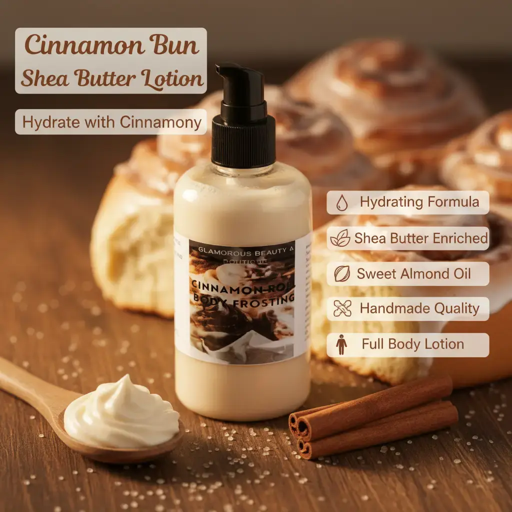 Cinnamon Roll Whipped Shea Butter Moisturizer 8 oz Handmade Body Lotion with Shea Butter & Sweet Almond Oil - Hydrating Formula for All Skin Types Full Body Lotion Lotion Pump