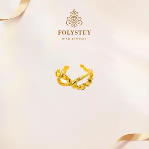 FOLYSTUY YNZ43 Molten Rock Double-Band Ring - Gold Plated with Asymmetrical Pebble and Twisted Texture, Unique Everyday Wear