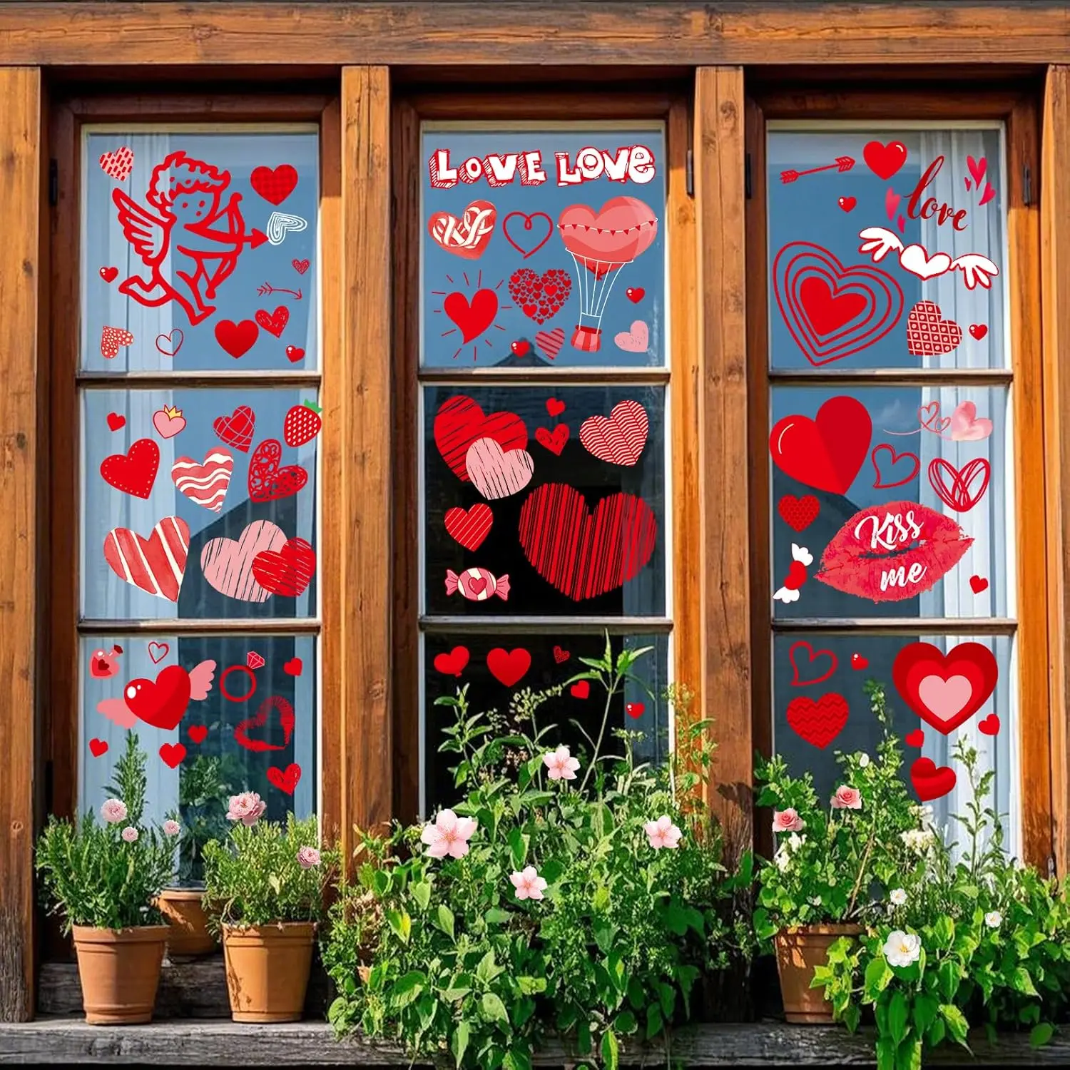 Valentine's Day Decorative Self-Adhesive Stickers - Red Heart, Cartoon Look Design Wall Art Stickers for Home, Office, 9 Sheets Romantic Cupid Decals