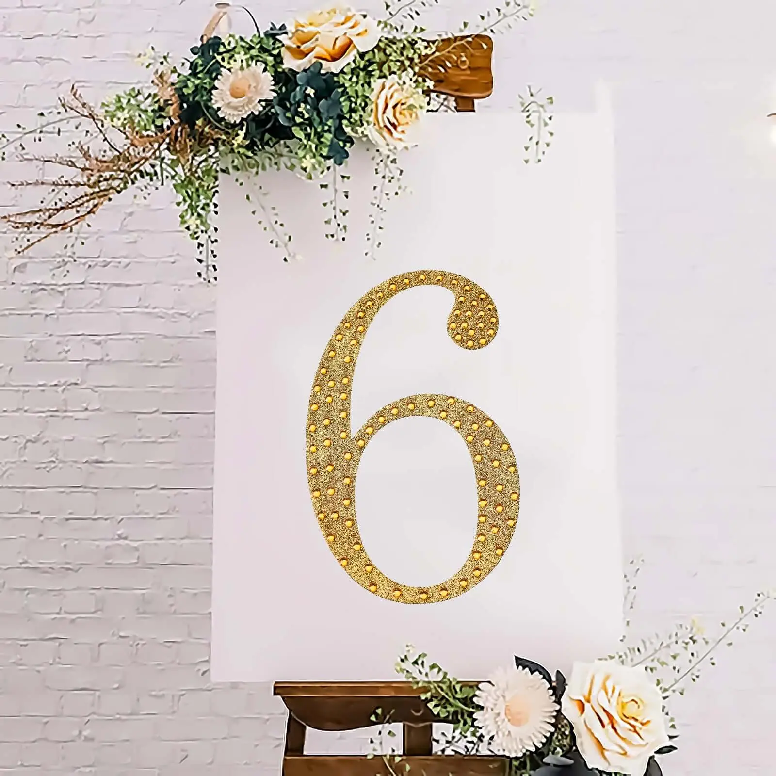 Decorative Rhinestone Number "6" Stickers 8", Gold Glitter Adhesive Craft Numbers - DIY Sparkle Embellishments