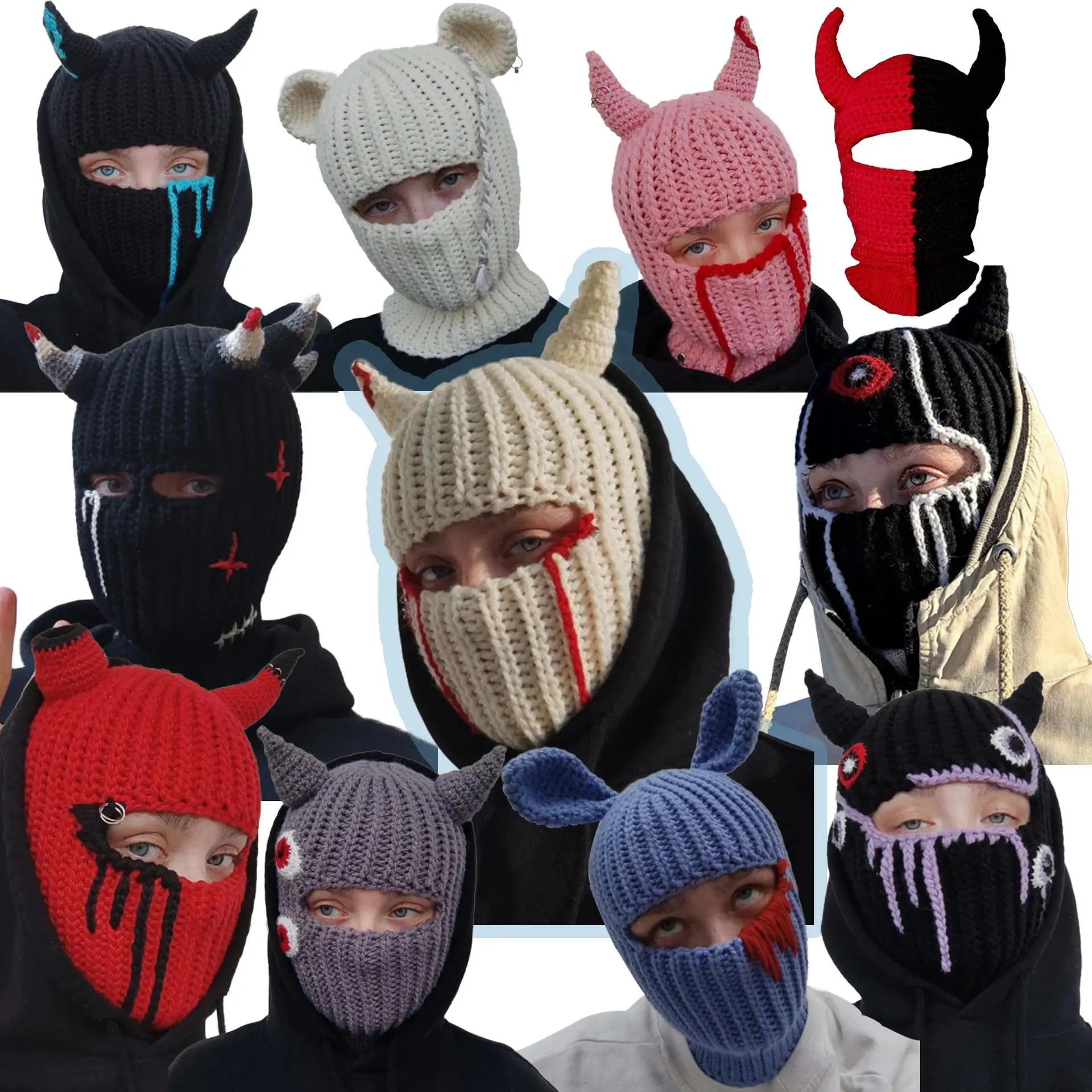 Unisex Knitted Devil Horn Balaclava - Warm Autumn Winter Face Covering, Comfortable Polyester Accessory, Funny Party Hat Scarf for Halloween, Minimalist, Clothes, Animals, Bunny Ears, Fitted