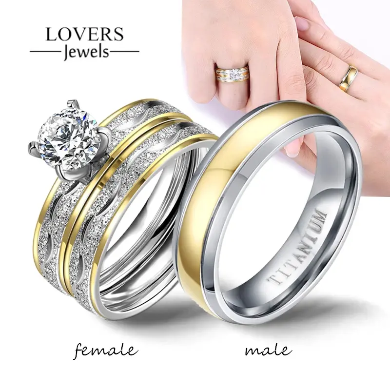 Luxury Couple Wedding Ring Set for Women & Men – Cubic Zirconia Engagement Promise Rings, Stainless Steel Matching Band