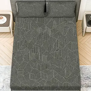 3Pcs Geometric Striped Modern Fitted Sheet Three Piece Set (1*Fitted Sheet+2*Pillowcases, Coreless), Everyday theme, Black and White Bedding Set, Mattress protector Soft, Breathable, Bed Sheets Set