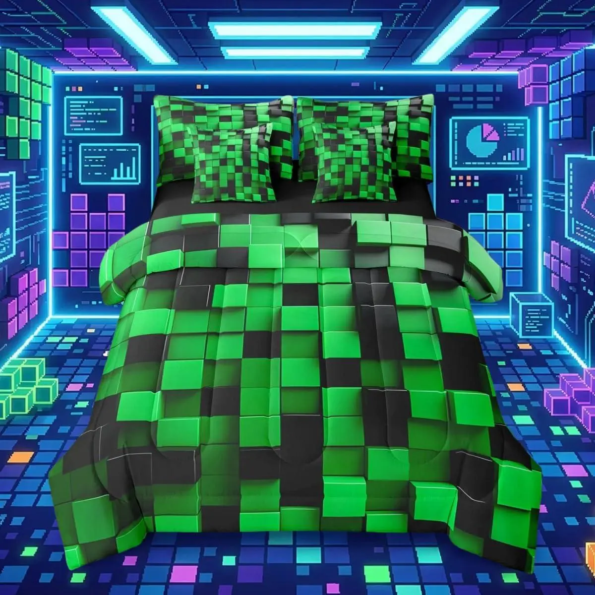 Pixelated Green and Black 7 Piece Bedding Set ,Geometric Check Video Games Bed in a Bag for Boys Girls,Gamepad Grid Comforter Set with Sheets,Pillowcases & Cushion Cover Room Decor
