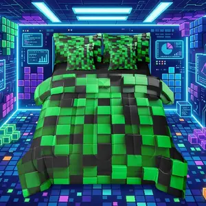 Pixelated Green and Black 7 Piece Bedding Set ,Geometric Check Video Games Bed in a Bag for Boys Girls,Gamepad Grid Comforter Set with Sheets,Pillowcases & Cushion Cover Room Decor