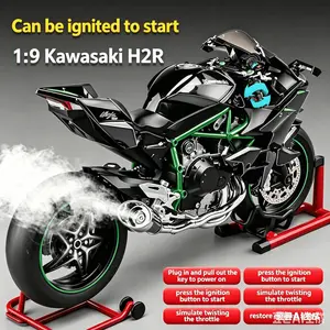 The Kawasaki H2R alloy model, Motorcycle diecast, black and green color scheme, eye-catching, featuring flashing lights, front shock absorption, detachable lifting frame, and realistic details of the front wheel steering, is an excellent choice for bo