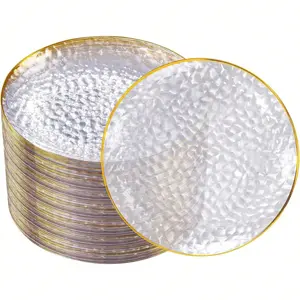 50 Pcs Clear Gold Plastic Plates, Hammered Party Plate, Fancy Plastic Plates Disposable Clear Disposable Dessert Platos, 7 Inch Heavy duty Plastic Dessert Platos for Party & Wedding