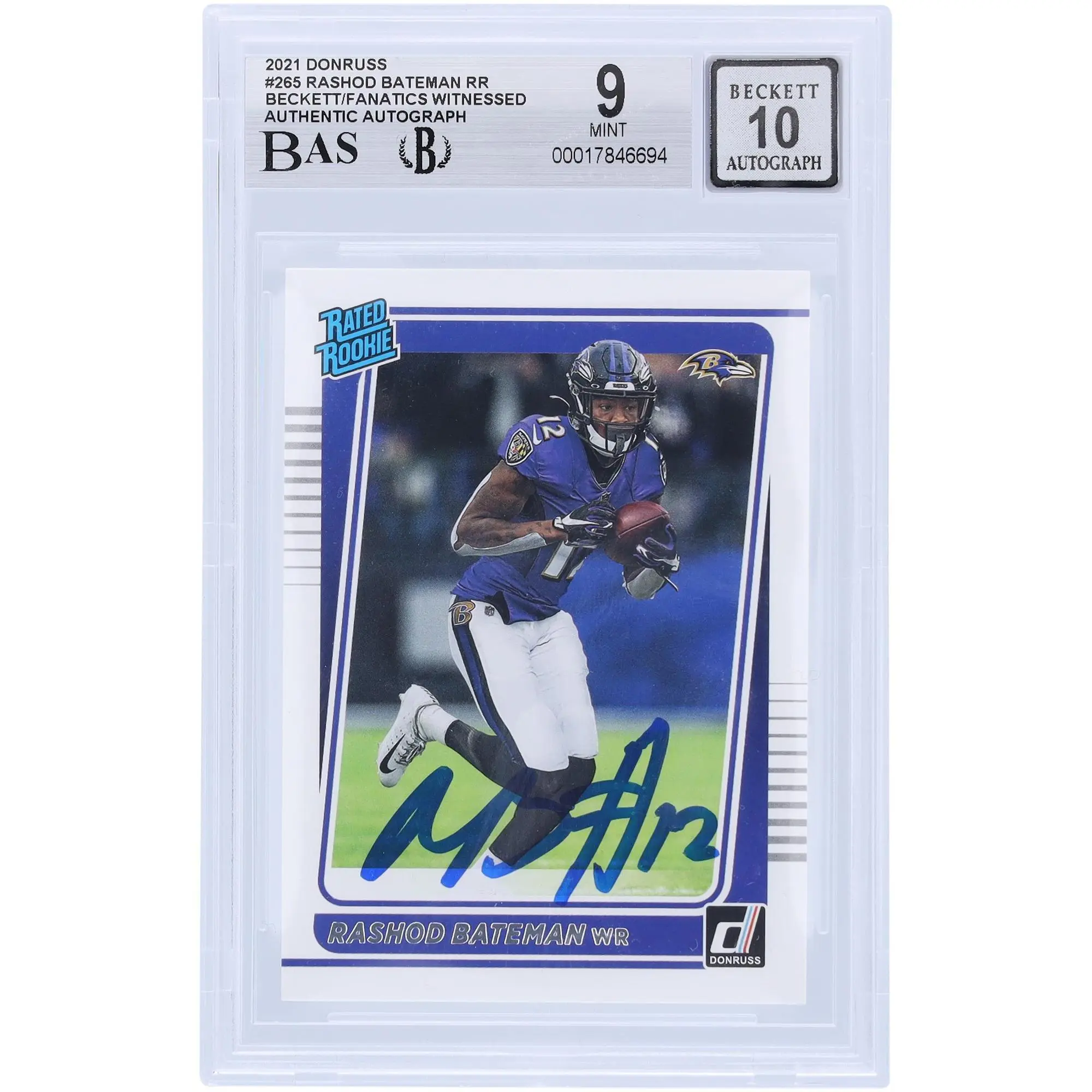 Rashod Bateman Baltimore Ravens Autographed 2021 Panini Donruss #265 Beckett Fanatics Witnessed Authenticated 9/10 Rookie Card - Fanatics Authentic Certified