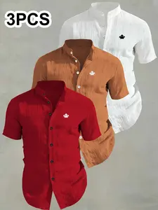 3-Pack Men's Summer Short Sleeve Shirts Prints, Breathable Solid Collar Button-Up, Ideal for Beach Pool, Casual Swimwear, Perfect for Summer