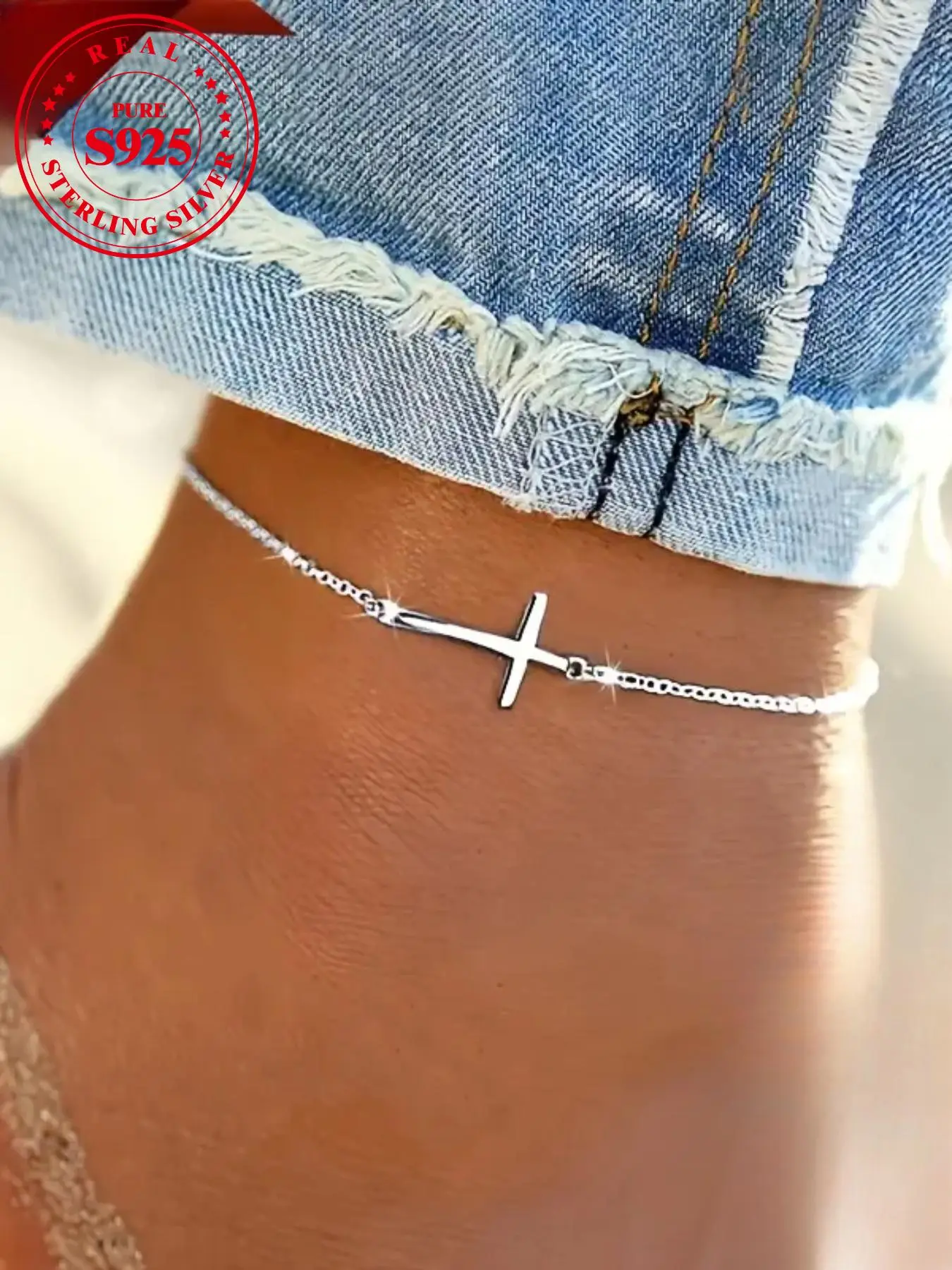 S925 Sterling Silver Simple Cross Design Anklet Ankle Bracelet, Anklets Jewelry, Fashionable Jewelry for Women & Girls, Trendy All-match & Exquisite Jewelry for Birthday Gift