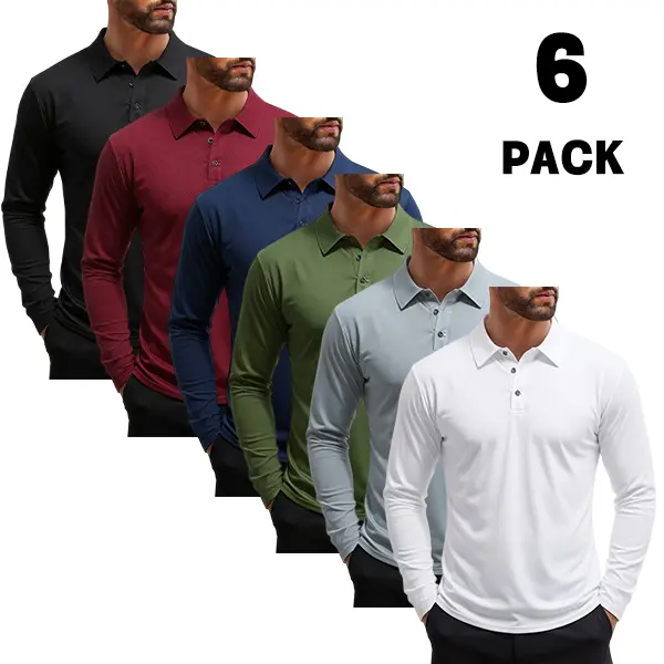 Men's 6-Pack Fitted Long Sleeve Button Front Polo Shirts, Classic Plain Solid Clean Polyester Set, Breathable Stretch Quick Dry Fabric for Smart Casual Style, Golf, All Seasons, Machine Washable