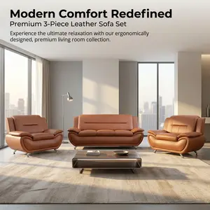3-Piece Bright Bronze PU Leather Sofa Set, Indoor Living Room Furniture Couch