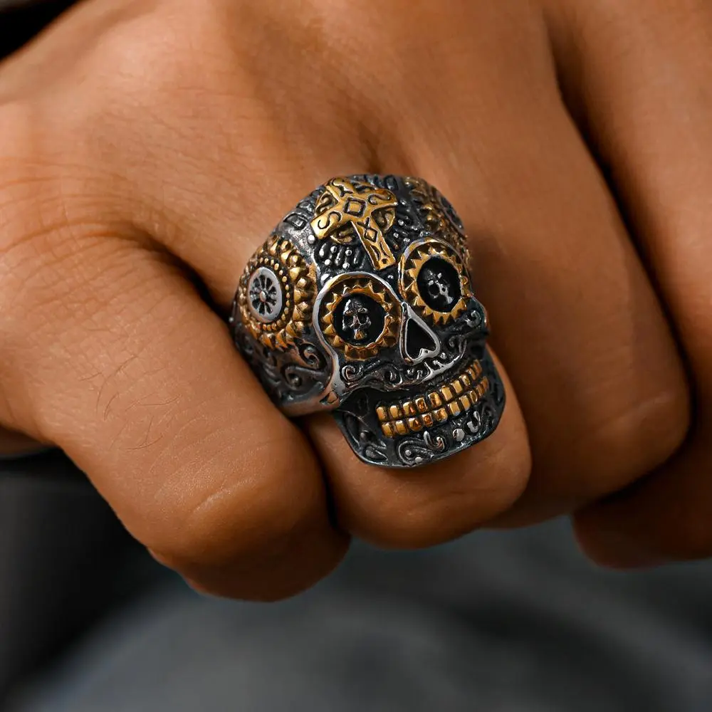 Men's Dark Gothic Punk Skull Cross Stainless Steel Statement Multi Ring - Vintage Wedding Piece, Fashionable Costume Jewelry for Parties, Dark Gothic Rings