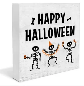 Funny Halloween Decor, Skeleton Decorations, Happy Halloween Wooden Decorative Sign, Home Decor for Desk Table Shelf 5 x 5 Inches Gift Pack