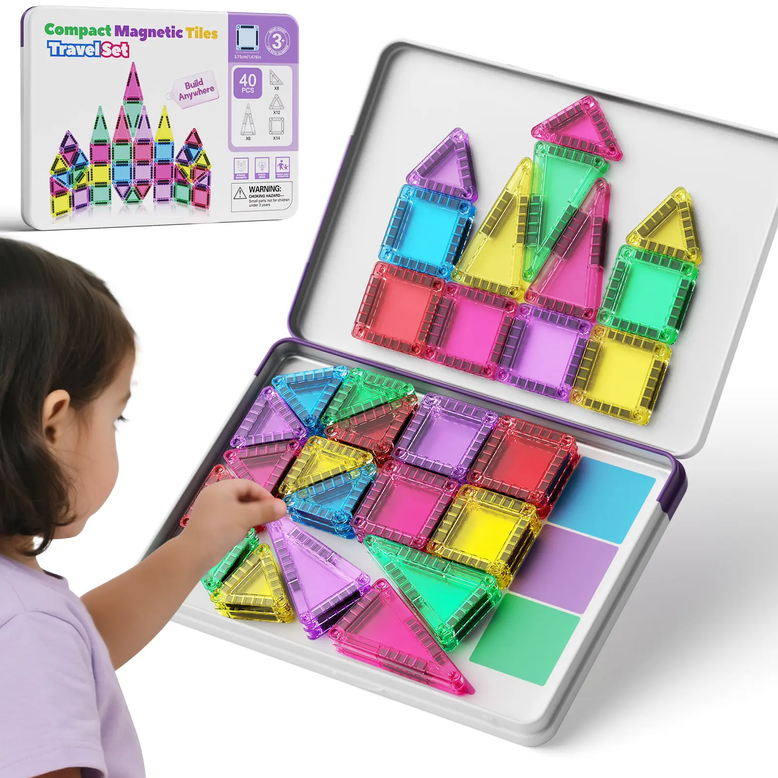 Spotence Mini Magnetic Building Blocks, 40 Pieces - Montessori Education Magnetic Travel Building Set, with Iron Storage Box, Airplane-Shaped Toy, Suitable as a Birthday Gift for Boys and Girls, and an Essential for Outdoor Camping Trips.