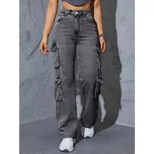 [StreetStyle]Women'sHigh-WaistMulti-PocketCargoJeans,DarkGrayWashedStraightLegDenim,StretchyandLooseFitCasualStyle,SidePocketsforCasualAttire
