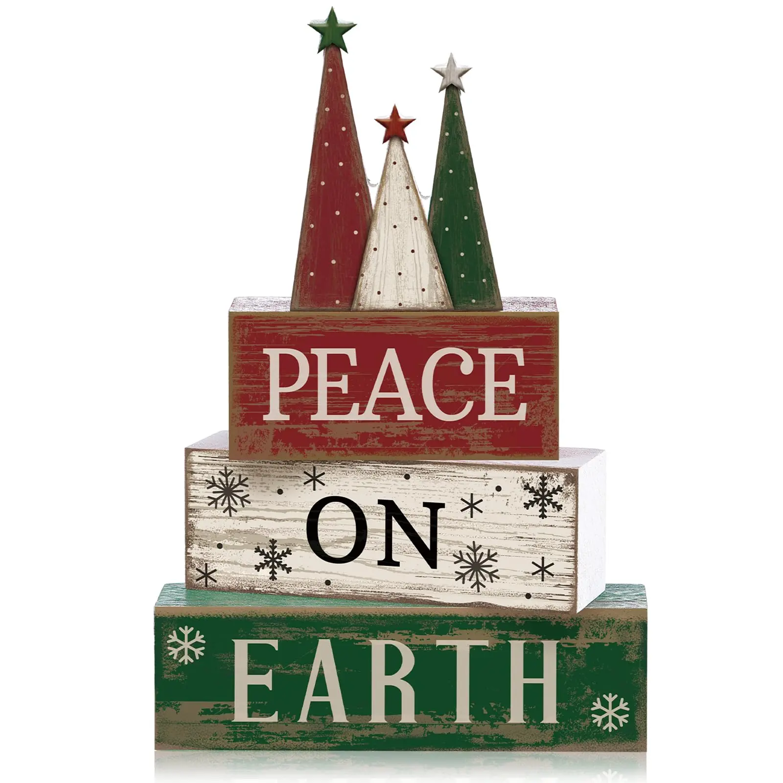 Set of 4 Christmas dining table decorations: wooden Christmas tree signs, tiered winter trays, and red/green/white tree blocks—ideal as a centerpiece for the Christmas dining table and farmhouse kitchen decor.
