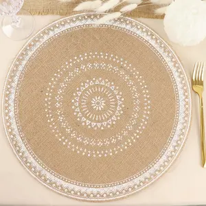 4-Pack Jute and White Placemats 15" Round Braided Design Natural - Rustic Burlap Woven Table Decor
