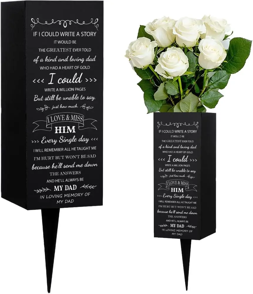 Dad Metal Cemetery Vase with Spike for Grave, Gravesite Flower Holder Cemetery Decorations Memorial Day Sympathy Funeral Gift for Loss of Loved Ones, 3.1x7.9 Inch, 1pc