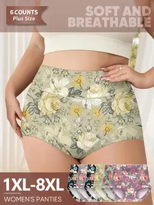 6-Pack Morelect Plus Size Vintage Floral Women's Underwear, Soft Breathable High Waist Trunk, Comfortable Fitted Panties 1xl-8xl