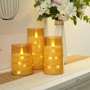 Flameless Candles 3 Set, Flickering Battery Operated Candles Embedded Fairy String Light, Realistic Pillar Candle with Remote Control and Timer, Acrylic Amber Gold, D3 x H4 5" 6" christmas decorations christmas lights