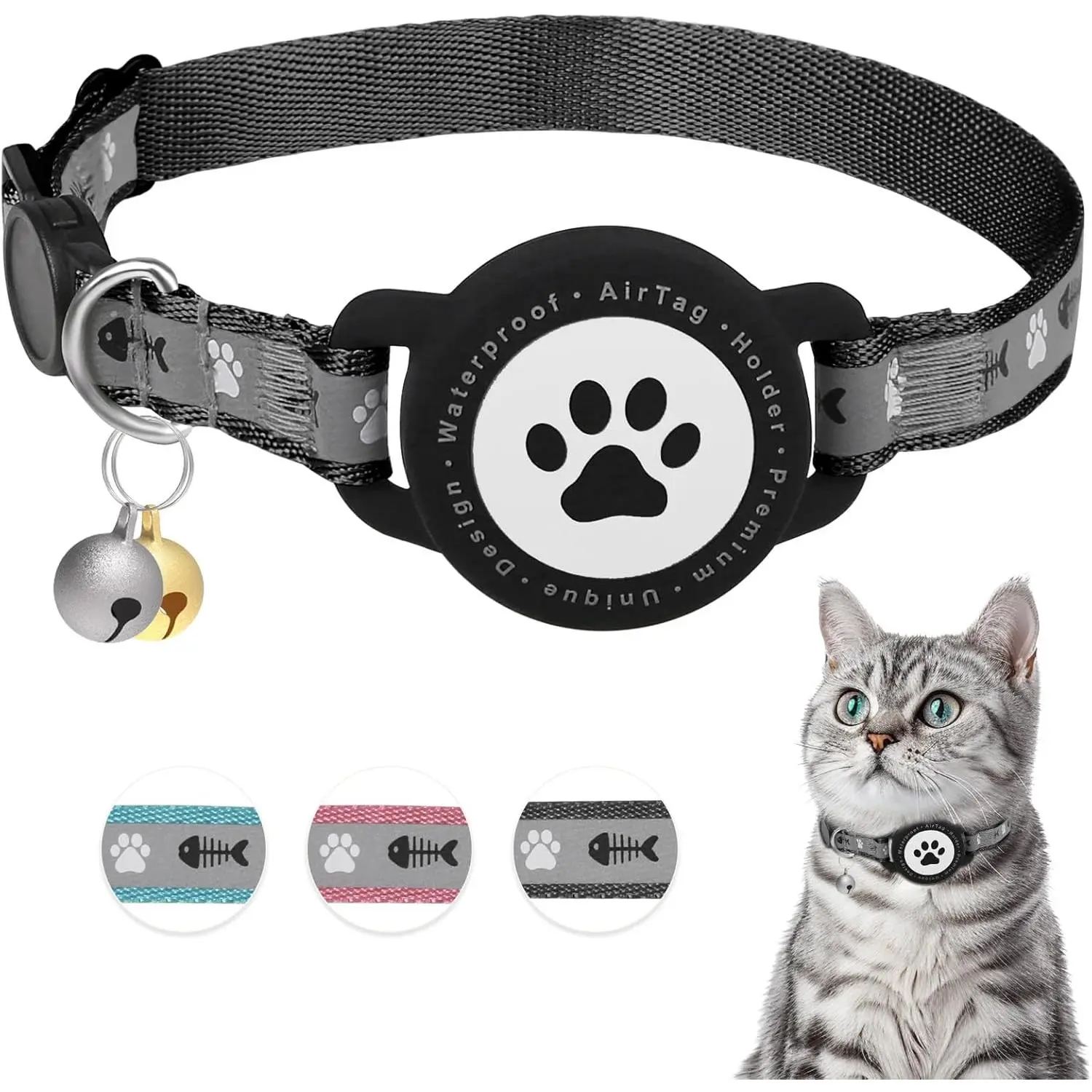 Smart AirTag Cat Collar Fully Adjustable Safety Breakaway Design | Ideal Father's Day Gift for Cat Dads - Lightweight Reflective Waterproof Collar for All Cats - Black