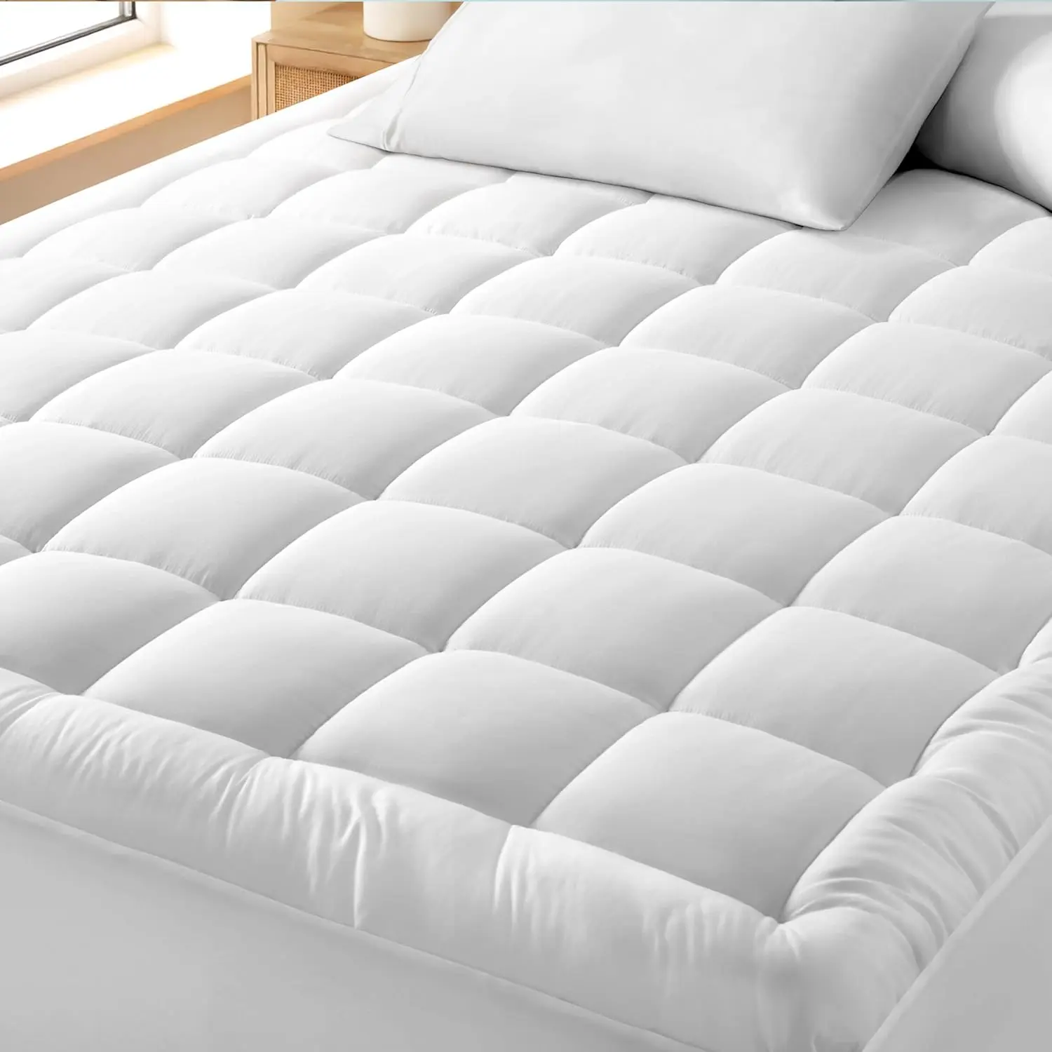 450GSM Quilted Hotel Luxury Mattress Topper - Extra Thick Cooling Bed Pad - Breathable White Mattress Protector - Cloud-Like Back Pain Relief Support, Quilted Mattress Topper