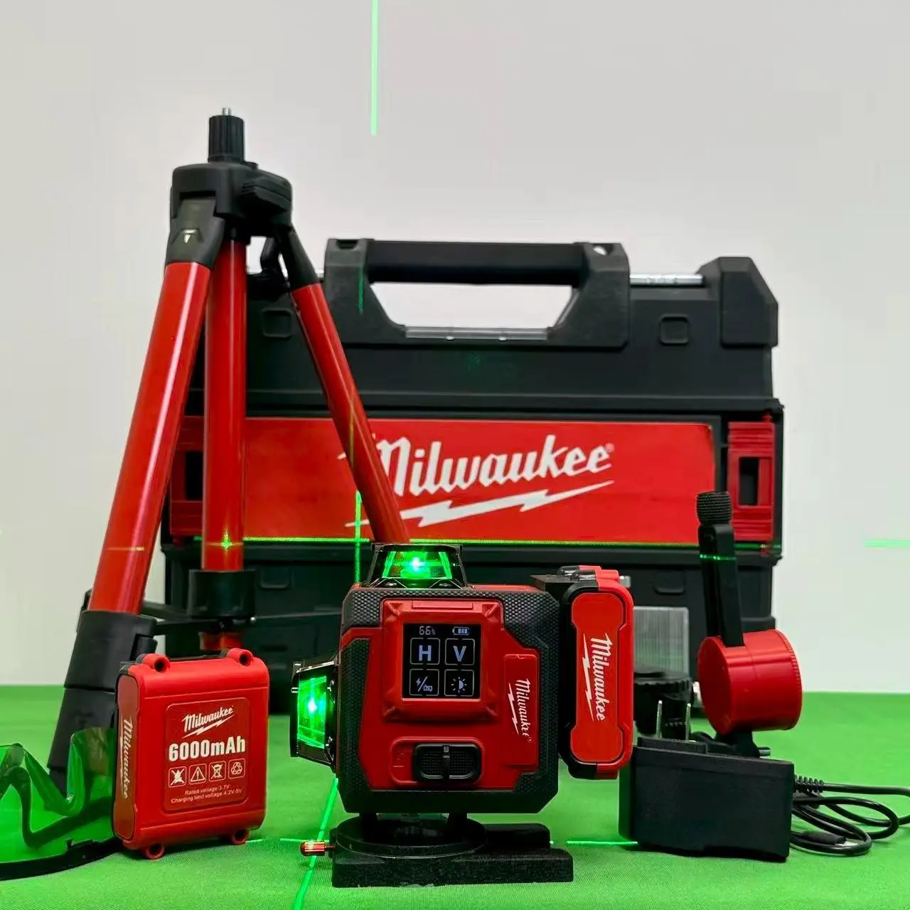 Milwaukee M12 Green 360° Self-Leveling 3-Plane Laser Kit, 15+ Hr Runtime, 250 Ft Range, IP54 Rating, Magnetic Bracket, For Layout & Tiling, Includes Battery, Charger & Case