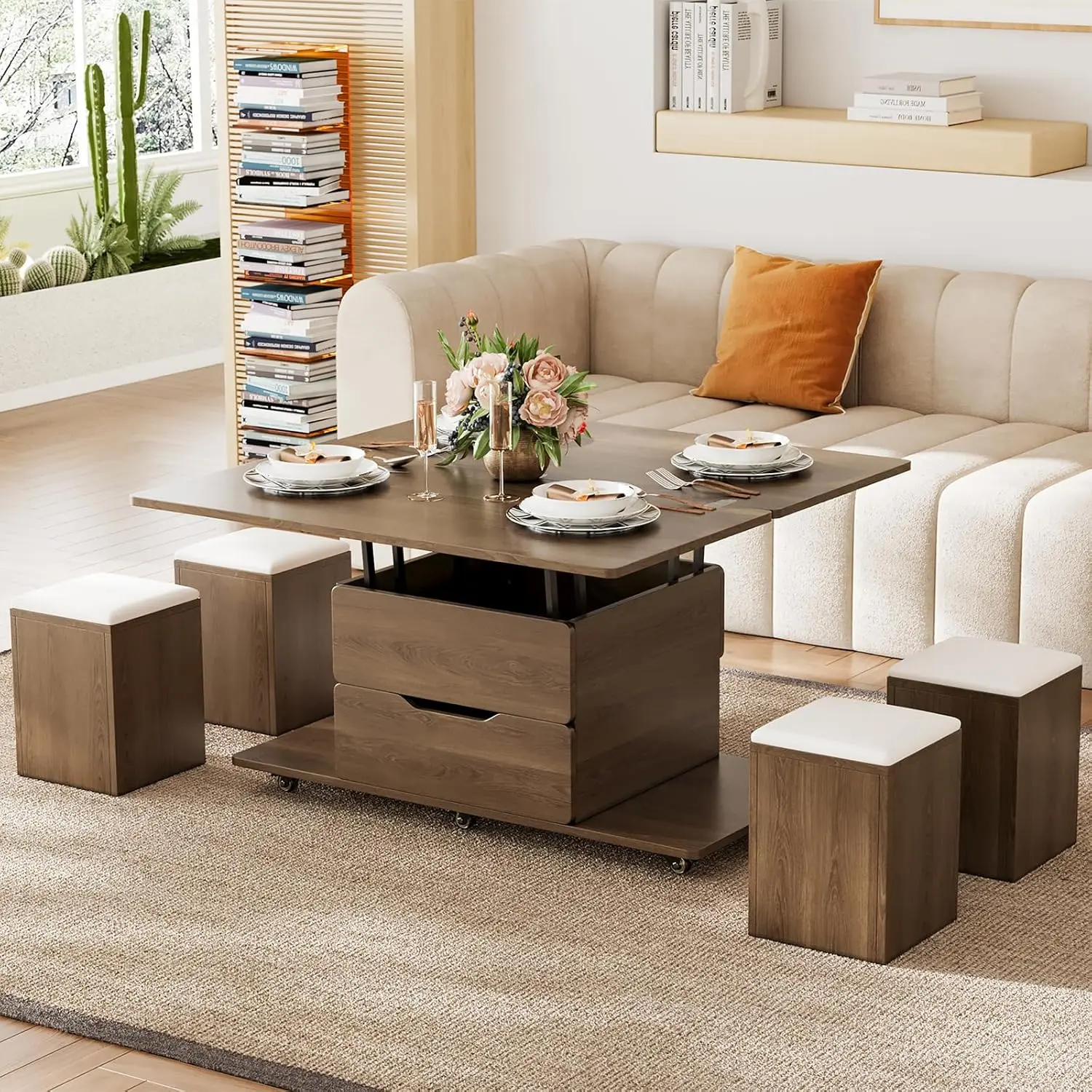 Homary Lift-Top Coffee Table with Hidden Storage, 3-in-1 Modern Folding Center Table with 4 Stools, Casters, and Lockable Wheels – Convertible Dining & Office Table for Living Room (Walnut)